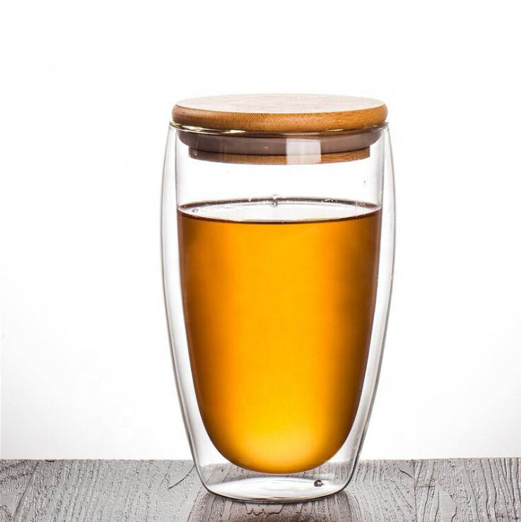 250ml 450ml Double Wall Glass Christmas Reusable Coffee Espresso Cup Glass Mug With Glass Lid Bamboo Lid