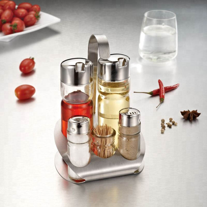 Decorative Glass Spice Condiment Jar Set With Bamboo Tray And Wood Spoon For Condiment Pots, Spice Jars