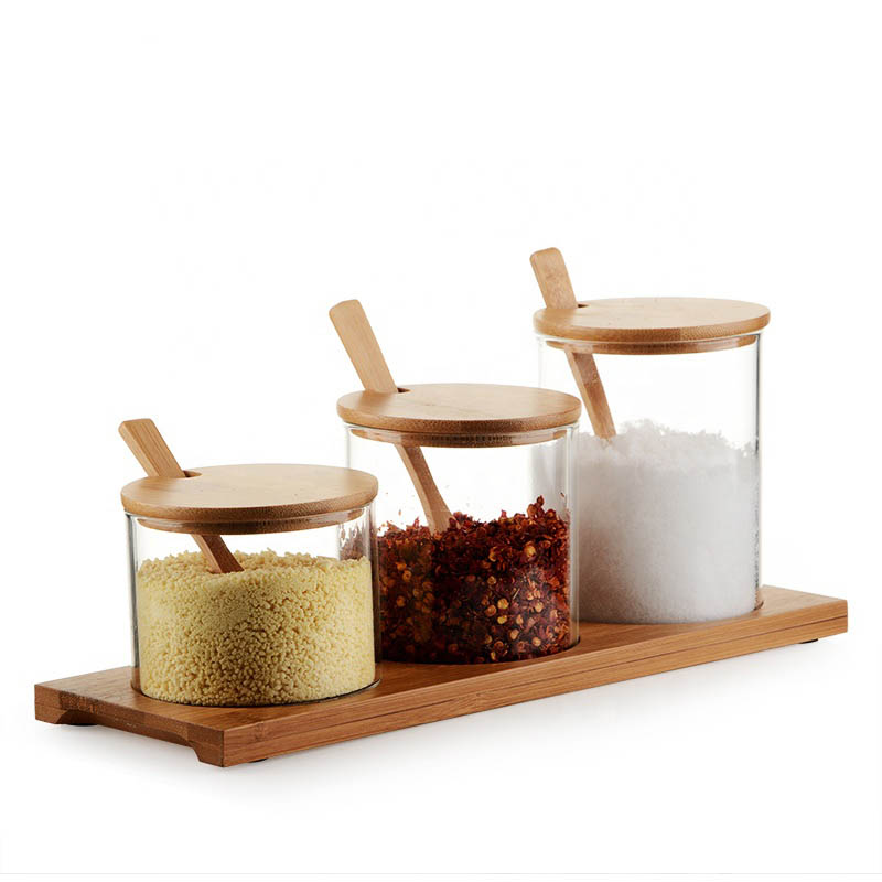Decorative Glass Spice Condiment Jar Set With Bamboo Tray And Wood Spoon For Condiment Pots, Spice Jars