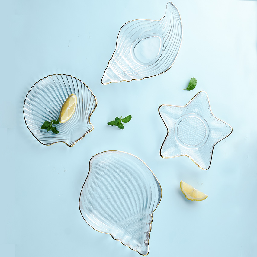 Amazon hot crystal ocean series lead free conch shape with gold rim and shell glass plate