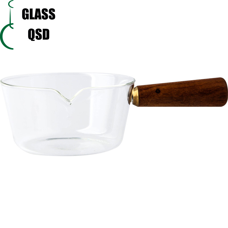 400 600ml Heat Resistant Borosilicate Glass Milk Boiling Heating Warmer Pot With Acacia Wooden Handle