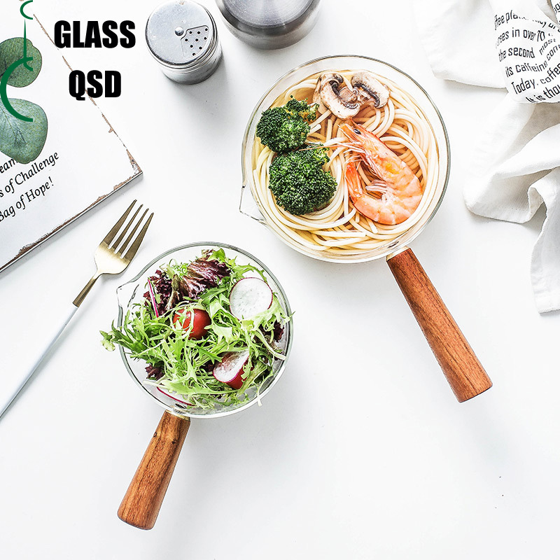 400 600ml Heat Resistant Borosilicate Glass Milk Boiling Heating Warmer Pot With Acacia Wooden Handle