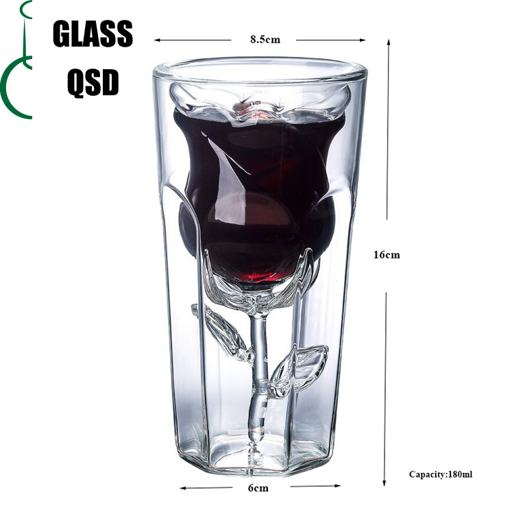180ml Creative Rose Design Double Wall Glass Drinking Cup For Wine Whiskey Coffee Tea