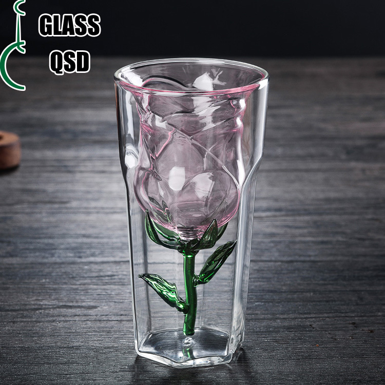 180ml Creative Rose Design Double Wall Glass Drinking Cup For Wine Whiskey Coffee Tea