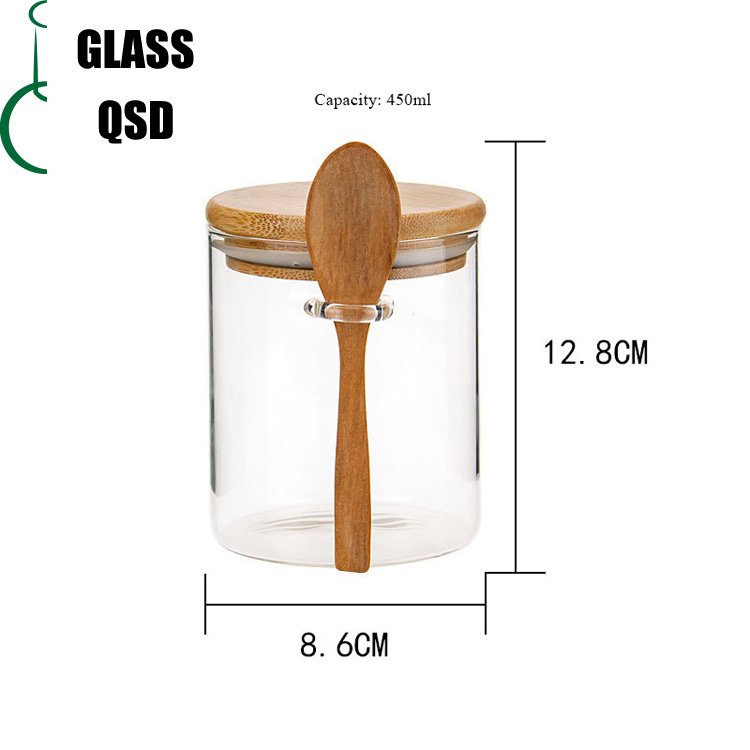 350 420 450ml Heat Resistant Borosilicate Glass Food Storage Jar With Bamboo Lid and Spoon