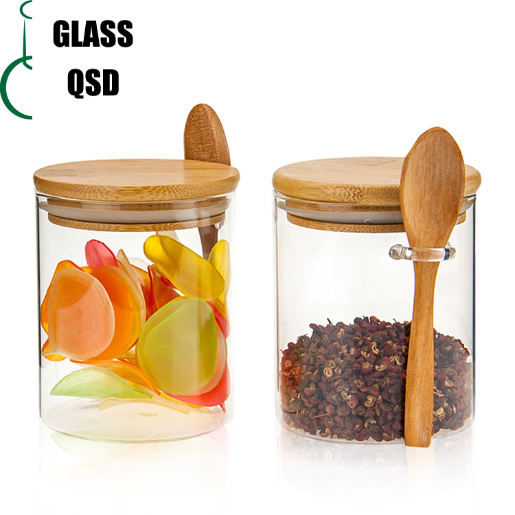350 420 450ml Heat Resistant Borosilicate Glass Food Storage Jar With Bamboo Lid and Spoon