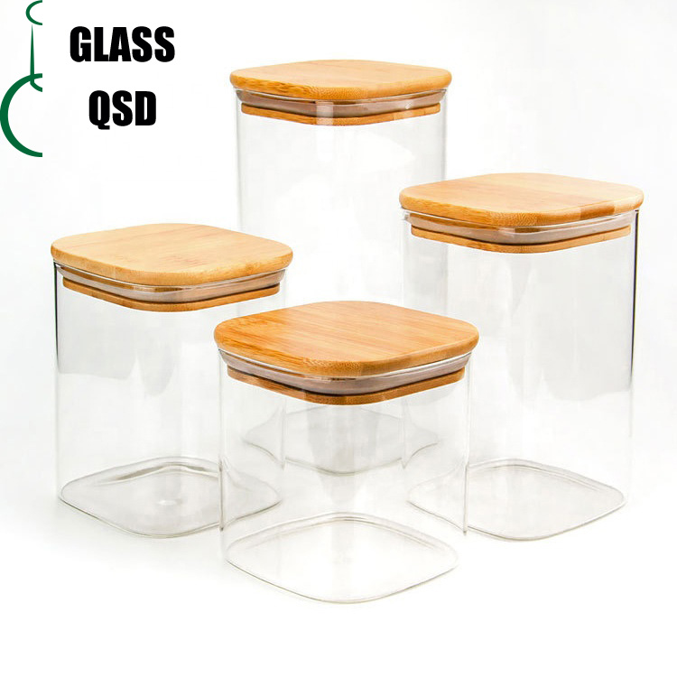 Square Borosilicate Glass Storage Food Jar With Bamboo Wooden Lid