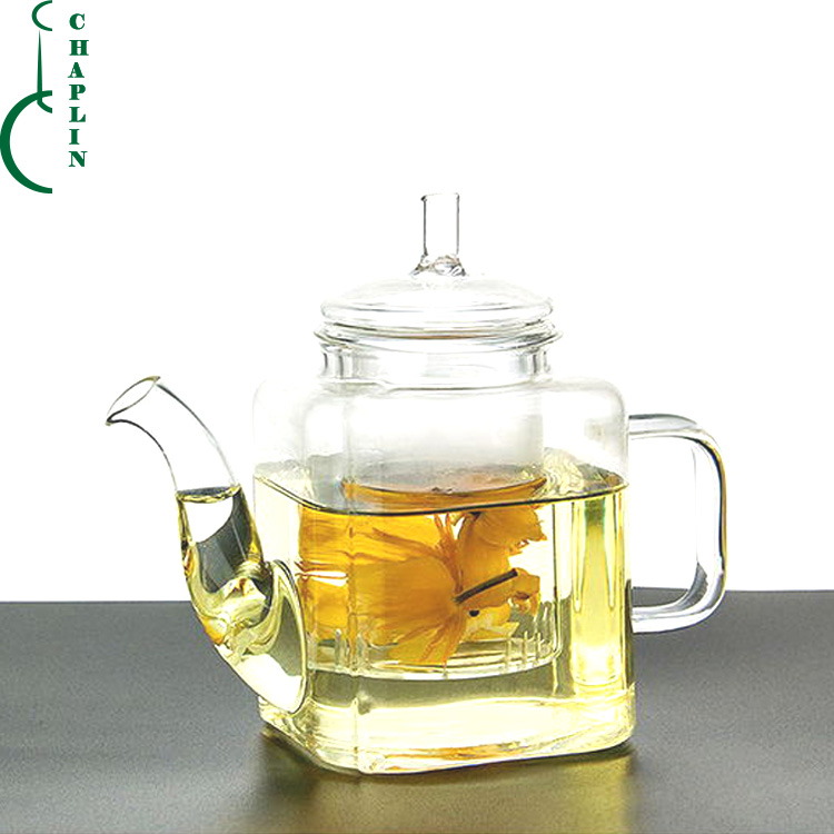 Custom square hand blow glass tea kettle with inner liner filter