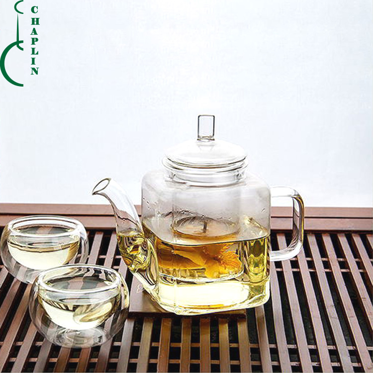 Custom square hand blow glass tea kettle with inner liner filter