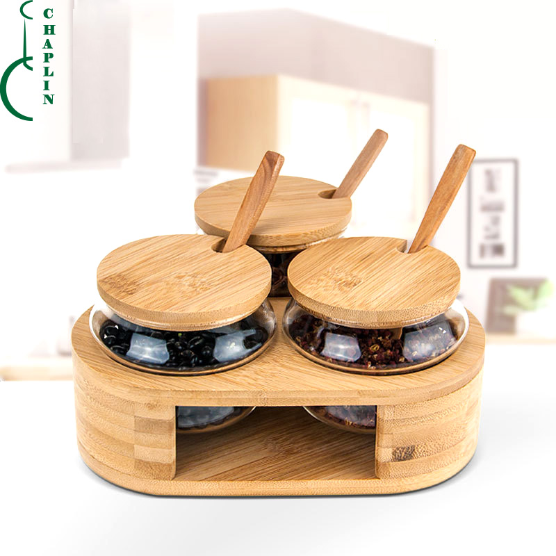 3pcs spice jar set with spoon Wood tray base food glass container