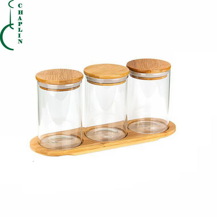 Three piece kitchen seasoning jar glass jar with bamboo cover and tray