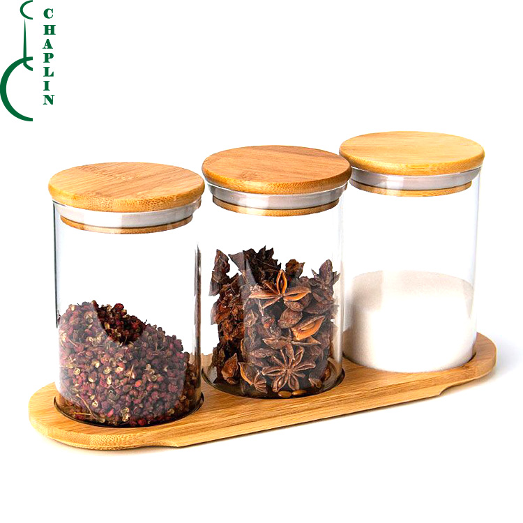 Three piece kitchen seasoning jar glass jar with bamboo cover and tray