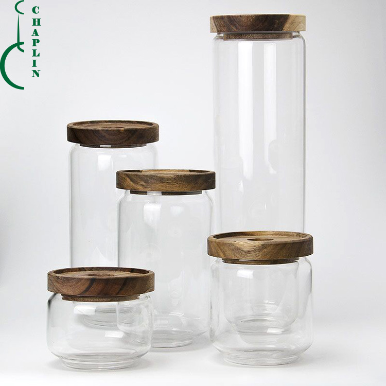 Manufacturers food storage borosilicate glass jars with wood lid