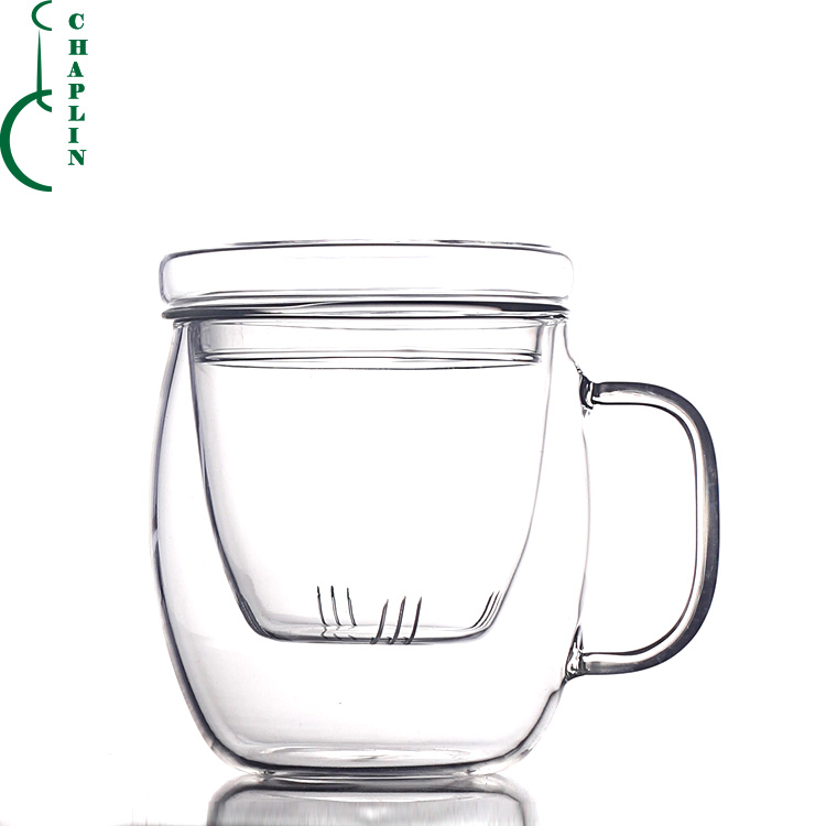 Chinese hand made glass double wall coffee cup with handle flower tea cup