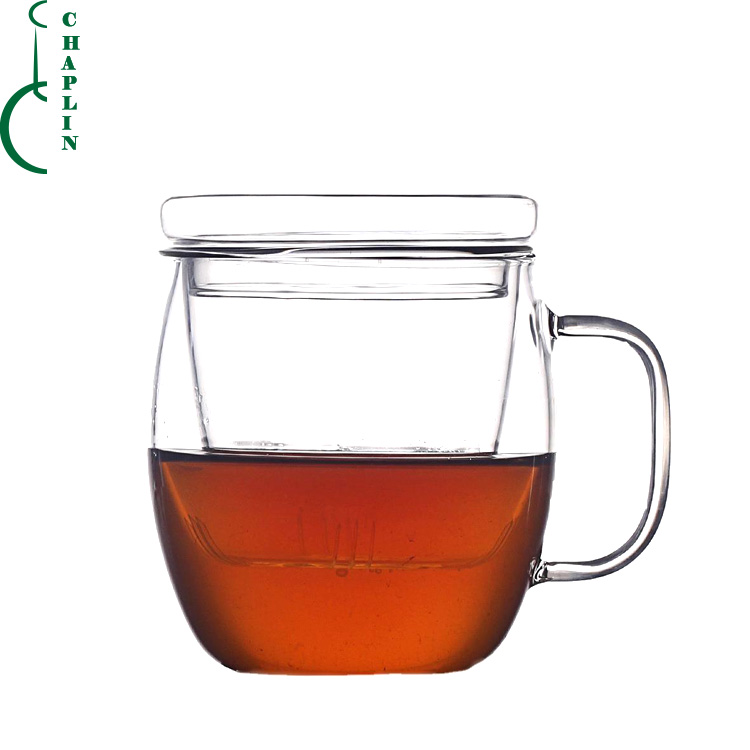 Chinese hand made glass double wall coffee cup with handle flower tea cup