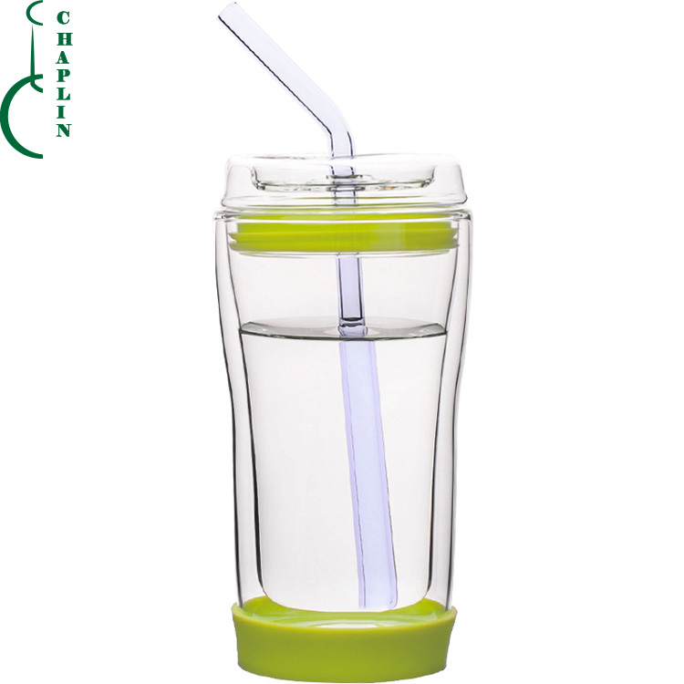 High Borosilicate Thermo Insulated double wall glass cups with silicon sleeve and lid