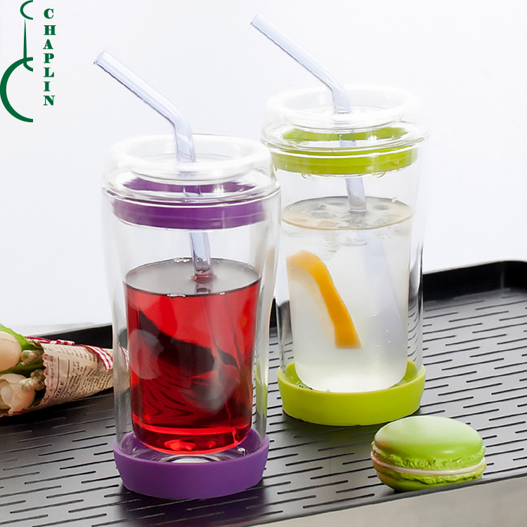 High Borosilicate Thermo Insulated double wall glass cups with silicon sleeve and lid