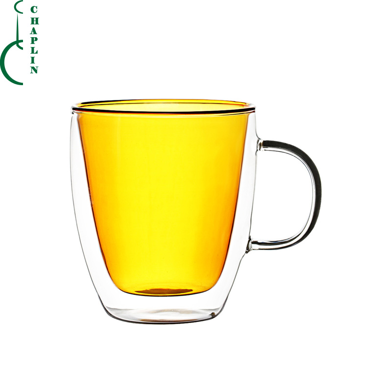 Handmade High Borosilicate color double wall Glass Coffee Cup with handle