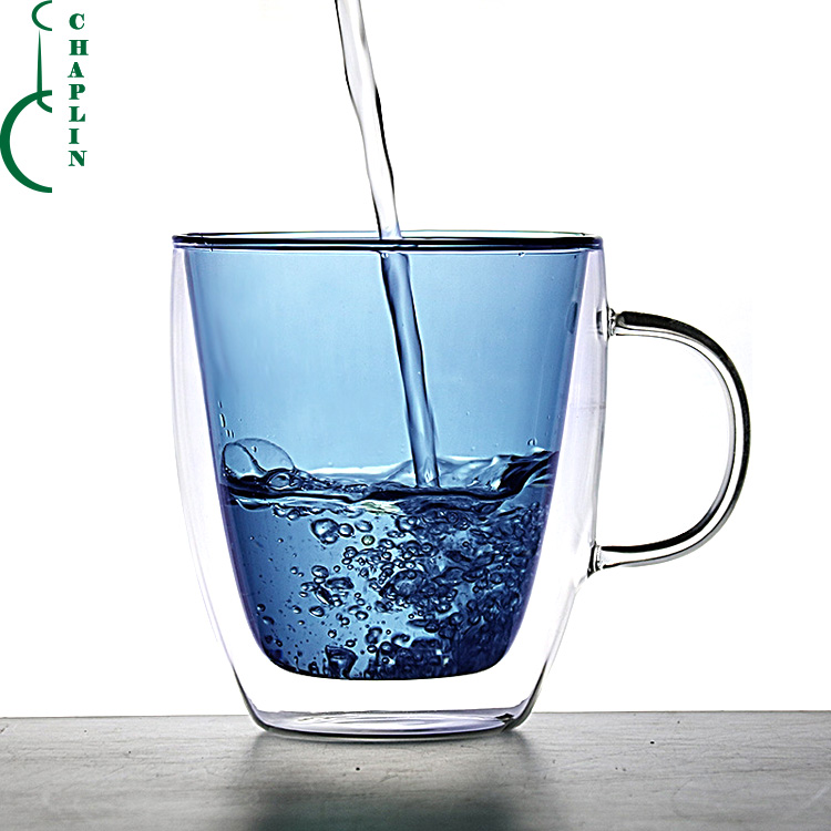 Handmade High Borosilicate color double wall Glass Coffee Cup with handle