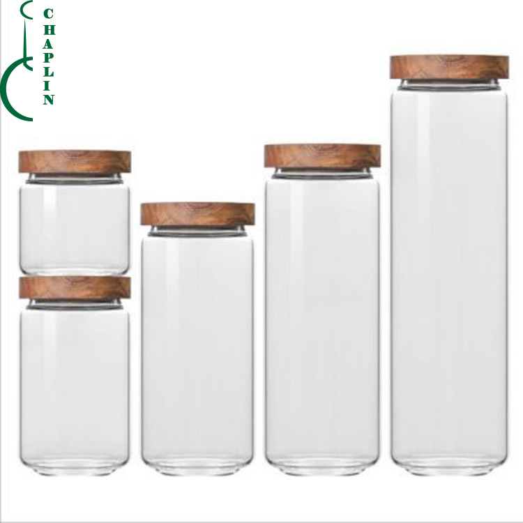 Wholesale round kitchen storage borosilicate containers glass food container with wood lid