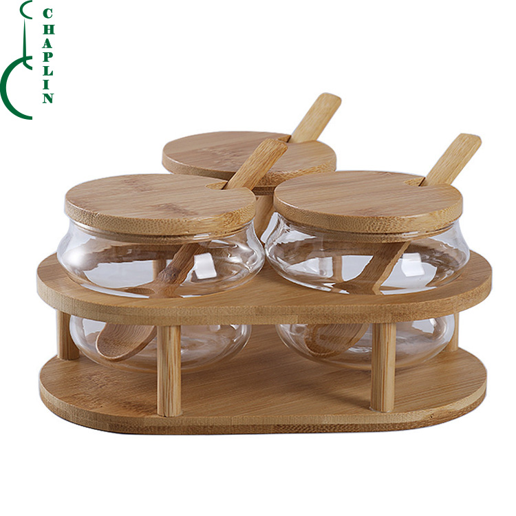 glass storage jar set three kitchen spice jar units with triangular bamboo frame