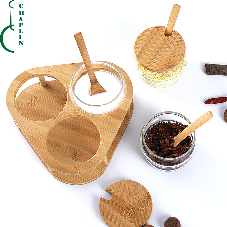 glass storage jar set three kitchen spice jar units with triangular bamboo frame
