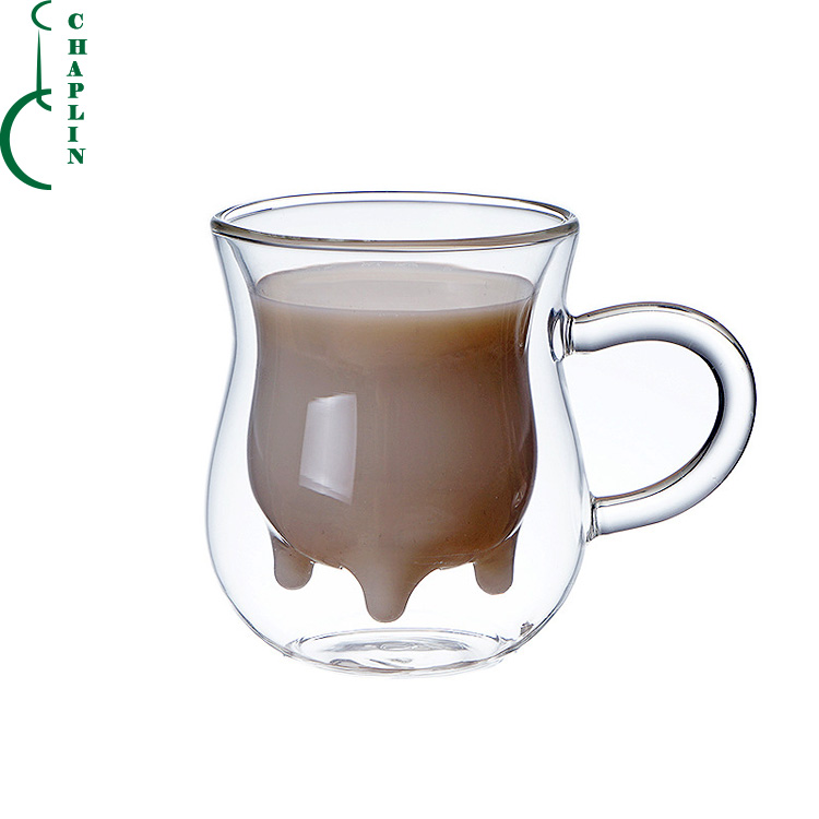250ml clear double wall cow shape glass milk cup with handle