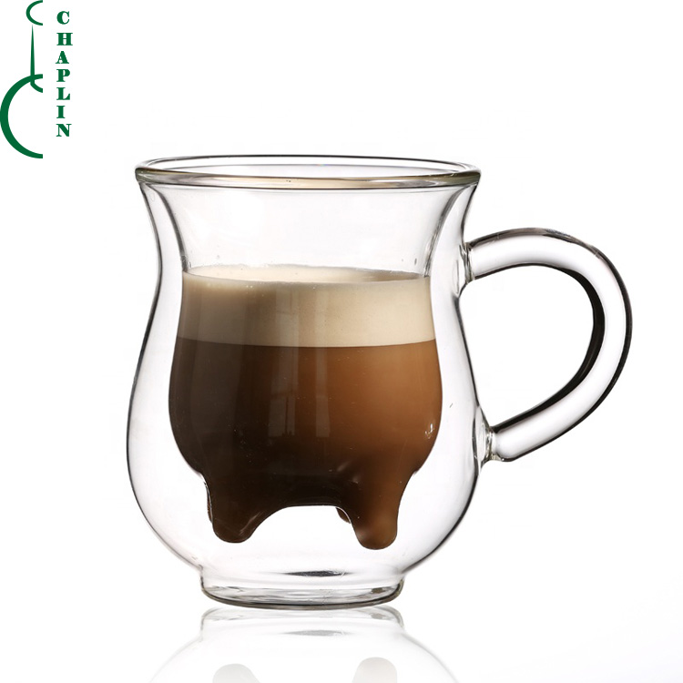250ml clear double wall cow shape glass milk cup with handle