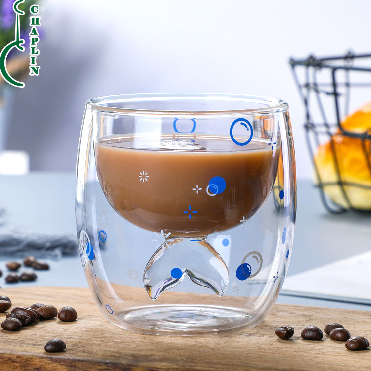 Lovely fish tal double cup heat-resistant cup gift custom logo double wall cup