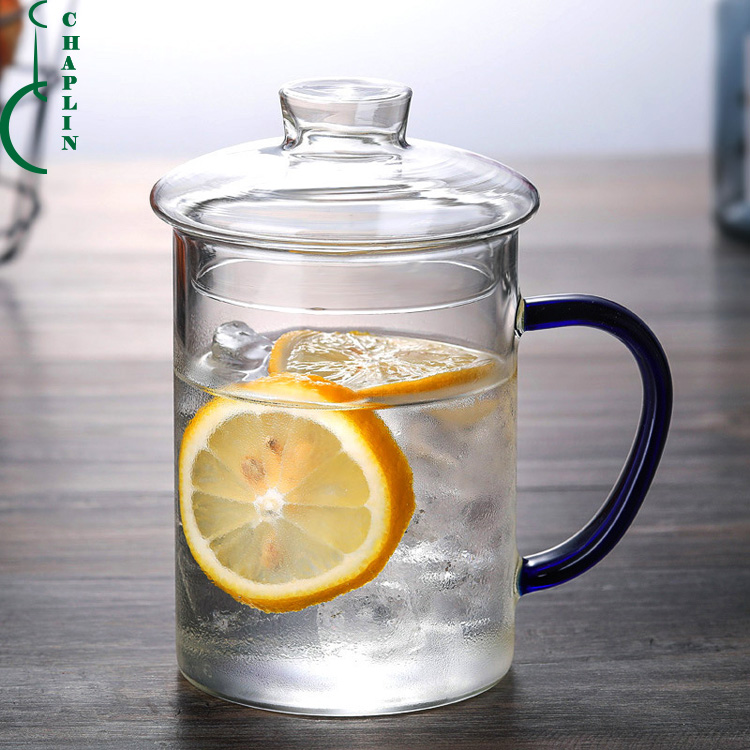 Colourful handle high borosilicate drinking glass tea cup with cover